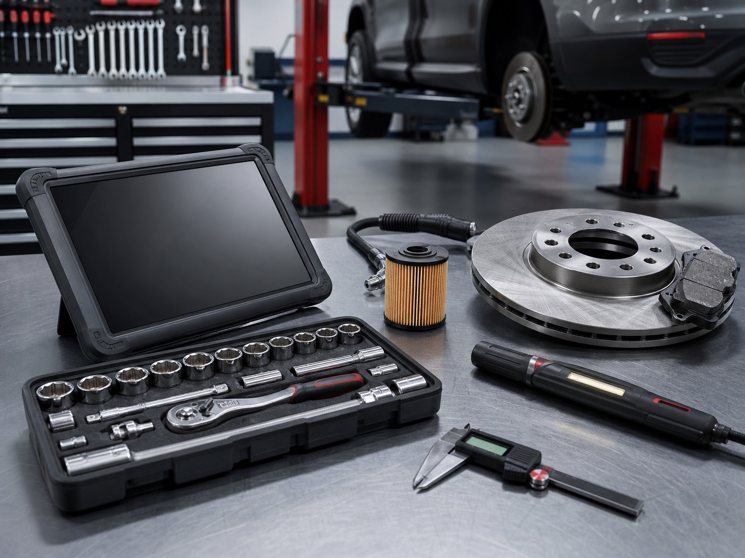 Generated placeholder image of vehicle service tools on a workshop bench.